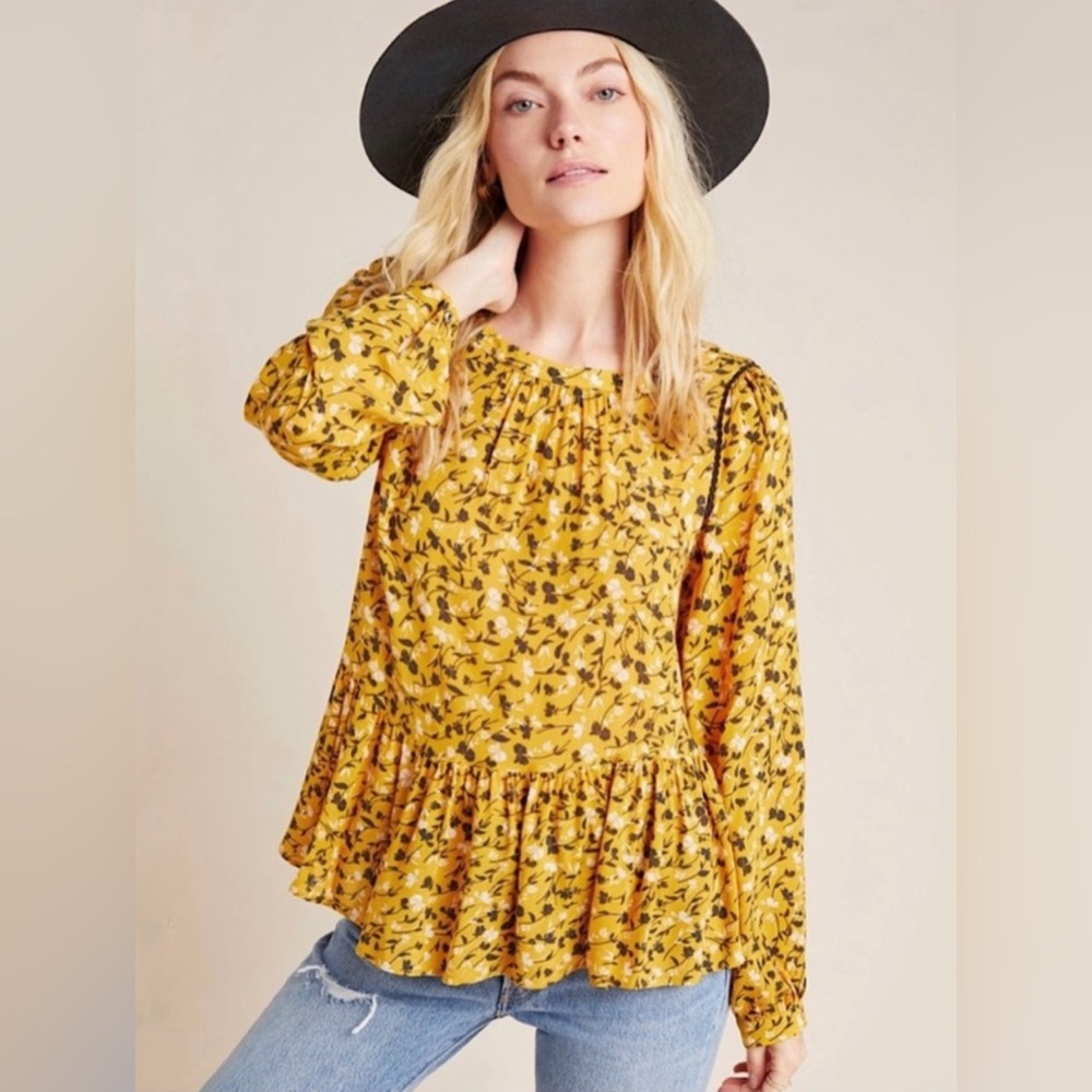 NEW Maeve Anthropologie Yellow Ditsy Floral Peplum Blouse Size XS Boho Spring